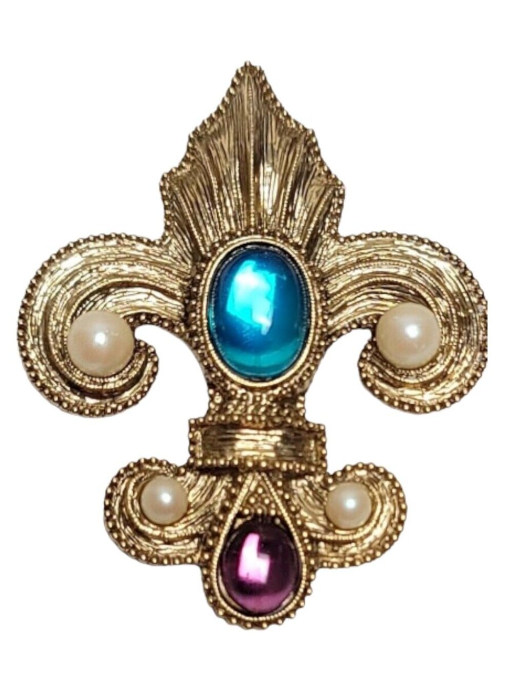 1928 Jewelry Fleur De Lis Faux Pearl Blue And Purple Rhinestone Brooch